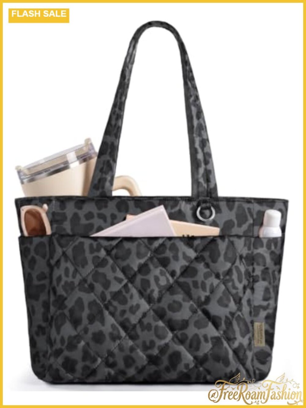 Quilted Nylon Puffer Tote Bag with Zipper Multi-Pocket 15.6" Laptop